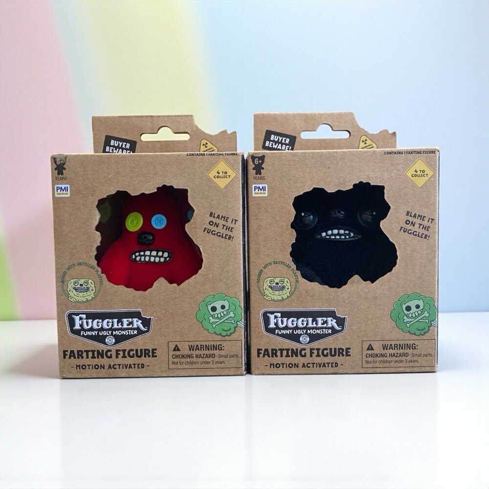 Lot of 2 FUGGLER Funny Ugly Monster - FARTING FIGURE Black / Red Monster 3.5"